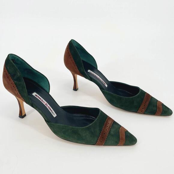 Manolo Blahnik Retro Green Brown Suede Pointed Toe D'Orsay Pump Heel size IT 38 - Picture 1 of 11